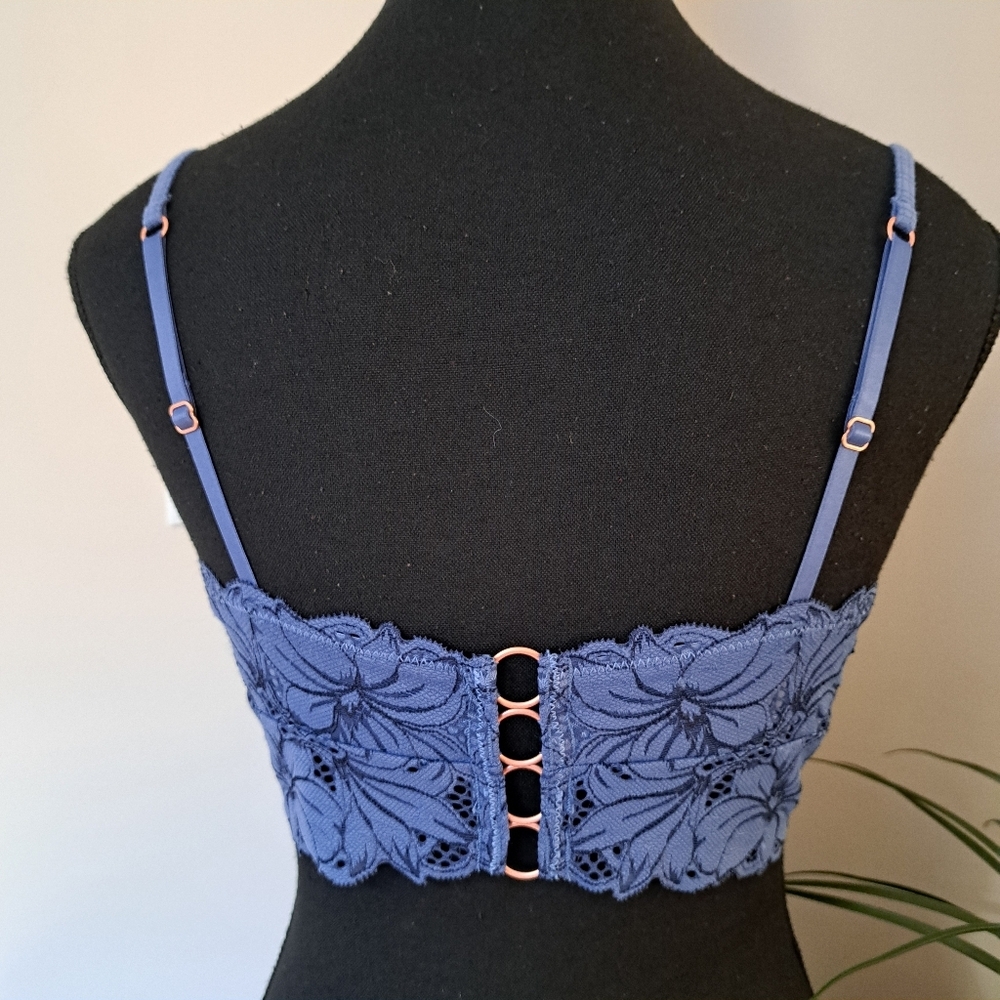 Aerie Beach Daze Lace Ribbed Bra Top Size Small Blue Cropped Lounge Casual - Picture 2 of 15